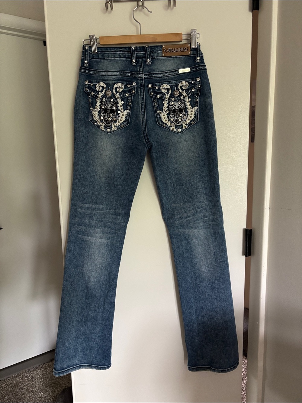 Platinum Ripped Embellished Back-Pocket Bootcut Jeans - Blue